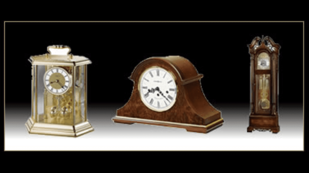 Three sample wooden clock designs in a black gradient background