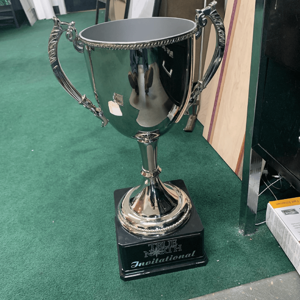 Silver cup trophy in a green carpet